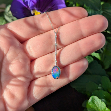 Opal Doublet & Diamond Drop Pendant 18ct White Gold Necklace.