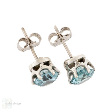 Vintage Blue Zircon Stud Earrings in 9ct White Gold, Mid 20th Century.