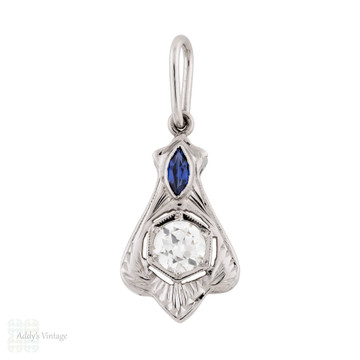Art Deco Old Cut Diamond & Sapphire Pendant, 18ct White Gold.