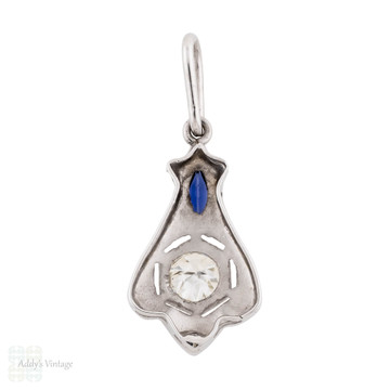 Art Deco Old Cut Diamond & Sapphire Pendant, 18ct White Gold.