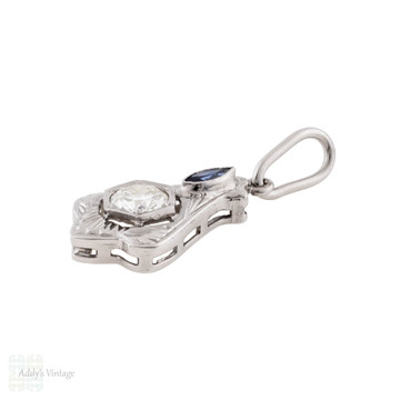 Art Deco Old Cut Diamond & Sapphire Pendant, 18ct White Gold.
