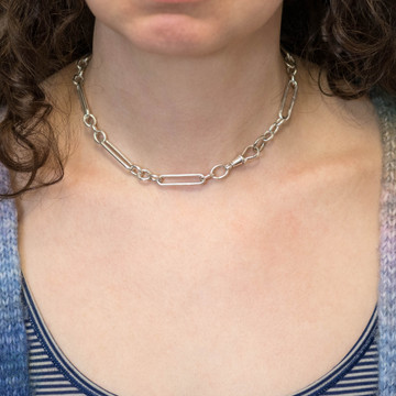 Antique Trombone Link Sterling Silver Albert Chain Necklace, 39 cm.