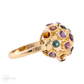 Vintage Sputnik 14k Gold Ring, Mid 20th Century Multi Gemstone Design.