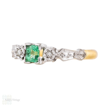 Emerald & Diamond Three Stone Art Deco Engagement Ring, 18ct & Platinum.