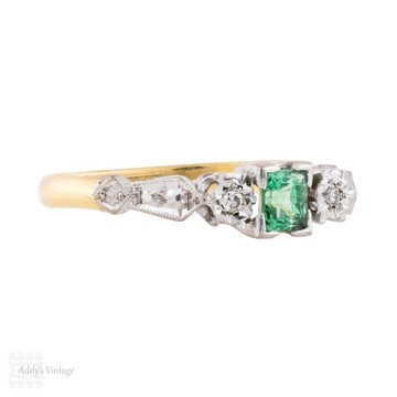 Emerald & Diamond Three Stone Art Deco Engagement Ring, 18ct & Platinum.