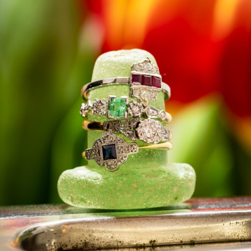Emerald & Diamond Three Stone Art Deco Engagement Ring, 18ct & Platinum.
