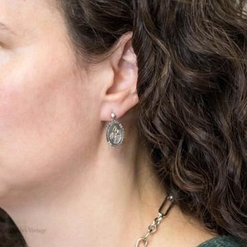 Floral Antique Victorian Sterling Silver & 9ct Gold Aesthetic Earrings.