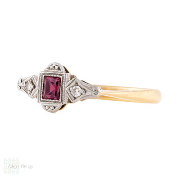 Art Deco Ruby & Diamond Three Stone Ring, 18ct & Platinum.