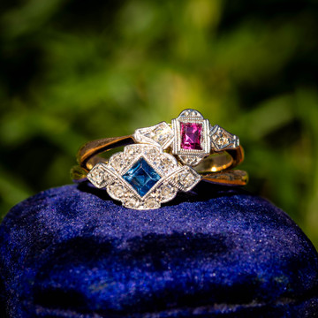Art Deco Ruby & Diamond Three Stone Ring, 18ct & Platinum.