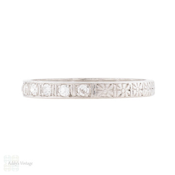 Art Deco Platinum Half Hoop Diamond Ring with Flower Engraving, Size L / 5.75.