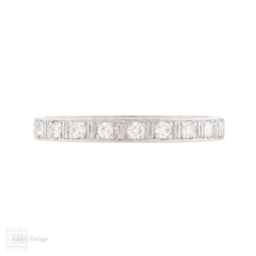 Art Deco Platinum Half Hoop Diamond Ring with Flower Engraving, Size L / 5.75.
