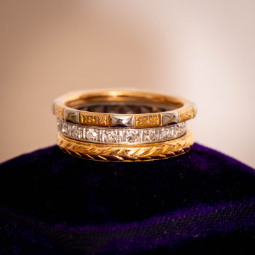 Art Deco Platinum Half Hoop Diamond Ring with Flower Engraving, Size L / 5.75.