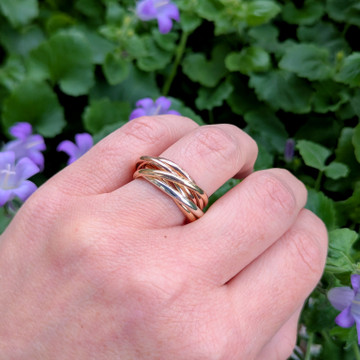 Vintage 9ct Tri Colour Gold Rolling Russian Wedding Ring, Size O / 7.25