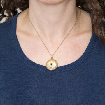 Vintage Rolled Gold Starburst & Engine Turned Locket with Sapphire Paste.