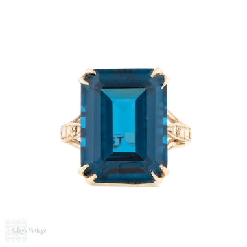 Large Vintage Emerald Cut Blue Synthetic Spinel in 9ct Gold Setting.