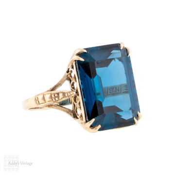 Large Vintage Emerald Cut Blue Synthetic Spinel in 9ct Gold Setting.