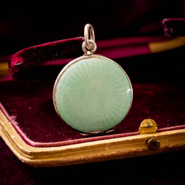 Edwardian Teal Blue Green Guilloche Enamel Locket, Sterling Silver Photograph Pendant.