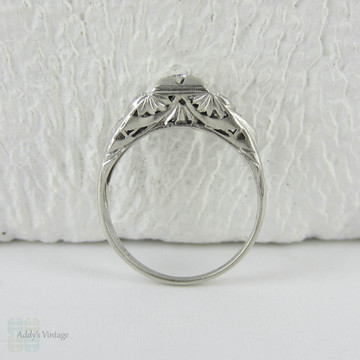 Art Deco Platinum Diamond Engagement Ring. Transitional Cut Diamond in Stepped Design Filigree Setting, 1930s.