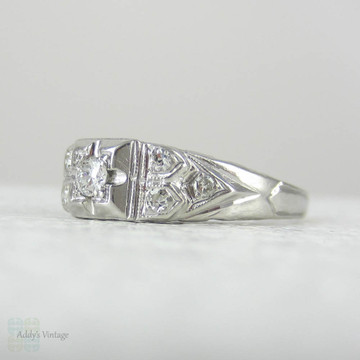 Art Deco Platinum Diamond Engagement Ring. Transitional Cut Diamond in Stepped Design Filigree Setting, 1930s.