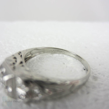 Art Deco Platinum Diamond Engagement Ring. Transitional Cut Diamond in Stepped Design Filigree Setting, 1930s.