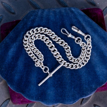 Heavy Antique Sterling Silver Graduated Curb Link Double Albert Chain Necklace 15.75 inches.