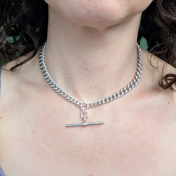Heavy Antique Sterling Silver Graduated Curb Link Double Albert Chain Necklace 15.75 inches.