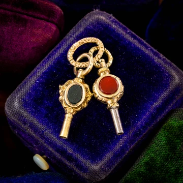 Set of 2 Gilt Metal Gemstone Set Antique Watch Keys on Split Ring.