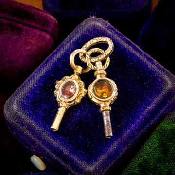 Set of 2 Gilt Metal Gemstone Set Antique Watch Keys on Split Ring.