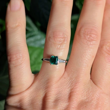 Vintage Platinum Set Emerald & Diamond Engagement Ring, Circa 1950s.