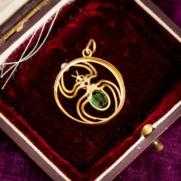 Antique Tourmaline & Pearl 9ct Gold Spider Pendant, Circa 1910s.