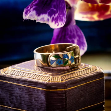 Vintage 9ct Gold Buckle Ring with Enamel Morning Glory Flowers, 1970s.