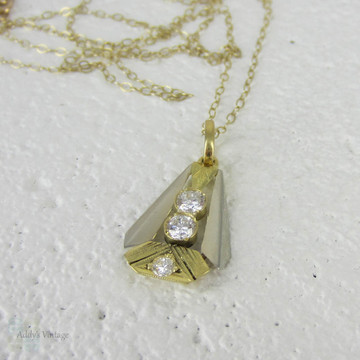 Art Deco Diamond Pendant. French Bold Geometric 1930s Two Tone Yellow & White Gold Pendant set with 3 Diamonds.