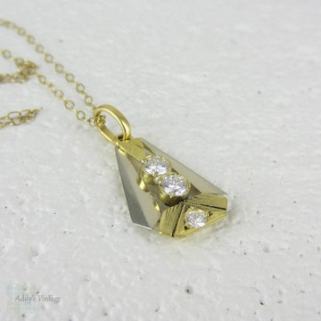 Art Deco Diamond Pendant. French Bold Geometric 1930s Two Tone Yellow & White Gold Pendant set with 3 Diamonds.
