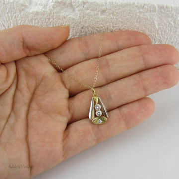 Art Deco Diamond Pendant. French Bold Geometric 1930s Two Tone Yellow & White Gold Pendant set with 3 Diamonds.