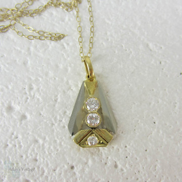 Art Deco Diamond Pendant. French Bold Geometric 1930s Two Tone Yellow & White Gold Pendant set with 3 Diamonds.