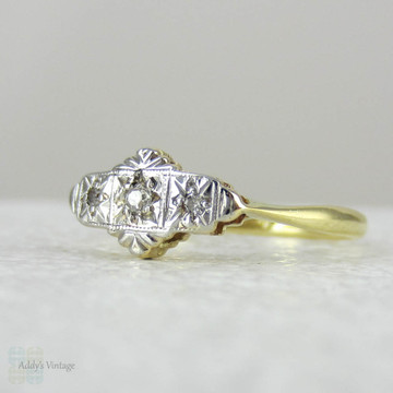 Art Deco Diamond Engagement Ring, Trilogy Diamond Ring in Engraved Platinum Setting, Circa 1920s - 1930s.