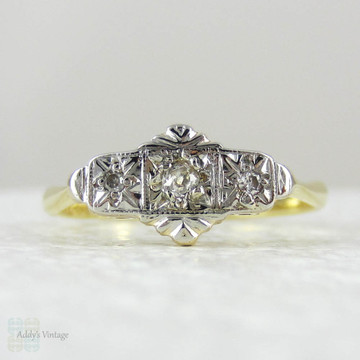 Art Deco Diamond Engagement Ring, Trilogy Diamond Ring in Engraved Platinum Setting, Circa 1920s - 1930s.