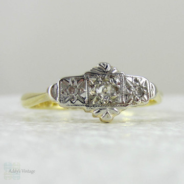 Art Deco Diamond Engagement Ring, Trilogy Diamond Ring in Engraved Platinum Setting, Circa 1920s - 1930s.