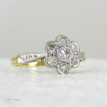 Antique Diamond Engagement Ring, Edwardian Daisy Flower Diamond Cluster Ring in 18 Carat Gold and Platinum with Engraved Setting.