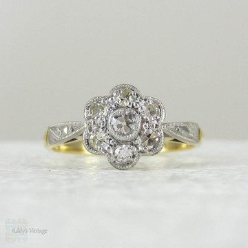 Antique Diamond Engagement Ring, Edwardian Daisy Flower Diamond Cluster Ring in 18 Carat Gold and Platinum with Engraved Setting.