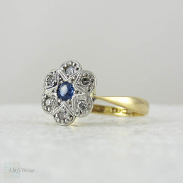 Sapphire & Diamond Engagement Ring, Vintage Daisy Shaped Diamond Cluster Ring with Milgrain Star Pattern, Circa 1920s.