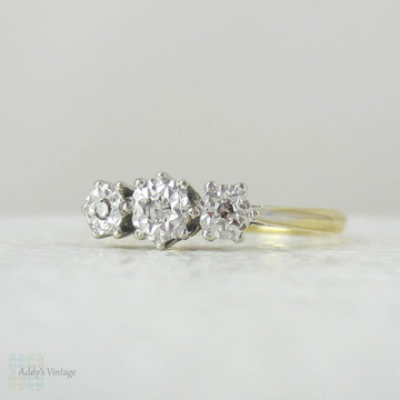 Art Deco Diamond Engagement Ring, Trilogy Three Stone Diamond Ring in 18 Carat Gold & Platinum Illusion Setting, Circa 1930s.