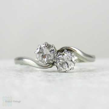 RESIZING - Art Deco Diamond Engagement Ring. Two Stone Toi et Moi, Bypass Style Diamond Ring in 18 Carat White Gold, Circa 1930s.