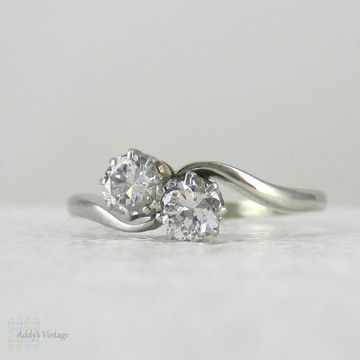 RESIZING - Art Deco Diamond Engagement Ring. Two Stone Toi et Moi, Bypass Style Diamond Ring in 18 Carat White Gold, Circa 1930s.