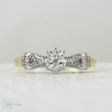 Art Deco Bow Shaped Engagement Ring, Unique Three Stone Diamond Ring with Engraved Design, Circa 1930s.