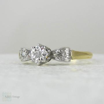 Art Deco Bow Shaped Engagement Ring, Unique Three Stone Diamond Ring with Engraved Design, Circa 1930s.