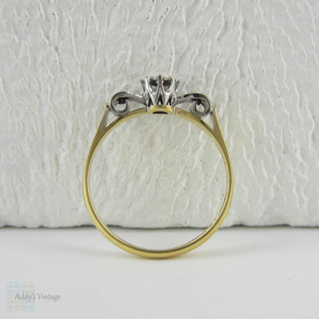 Art Deco Bow Shaped Engagement Ring, Unique Three Stone Diamond Ring with Engraved Design, Circa 1930s.