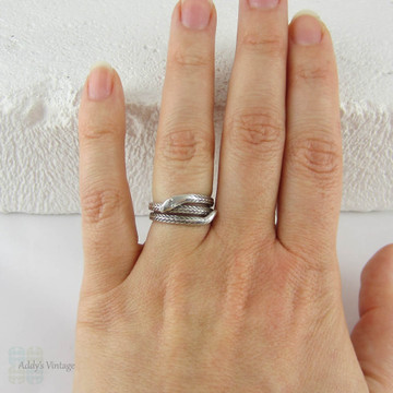 Edwardian Snake Ring, Antique Coiled Sterling Silver Engraved Snake Ring, Circa 1900s.