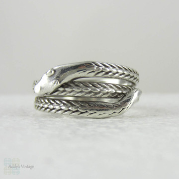 Edwardian Snake Ring, Antique Coiled Sterling Silver Engraved Snake Ring, Circa 1900s.