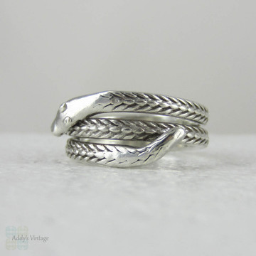 Edwardian Snake Ring, Antique Coiled Sterling Silver Engraved Snake Ring, Circa 1900s.